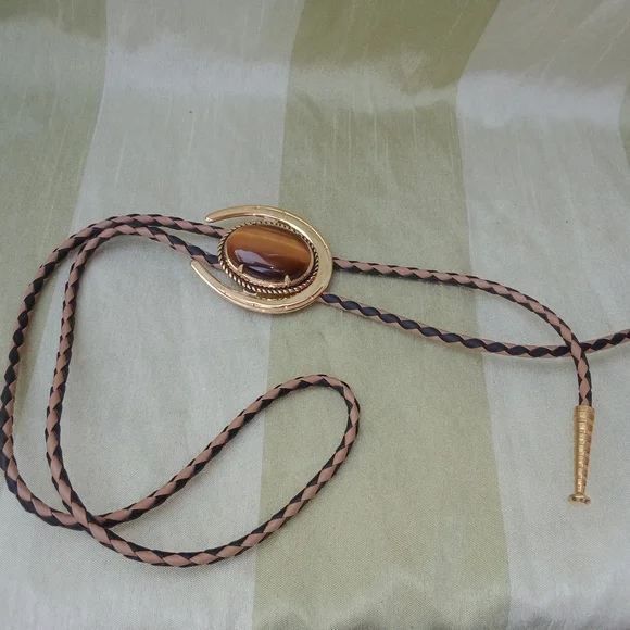 Tiger Eye Bolo Tie Western Gold Tone Horseshoe Frame - Picture 3 of 3